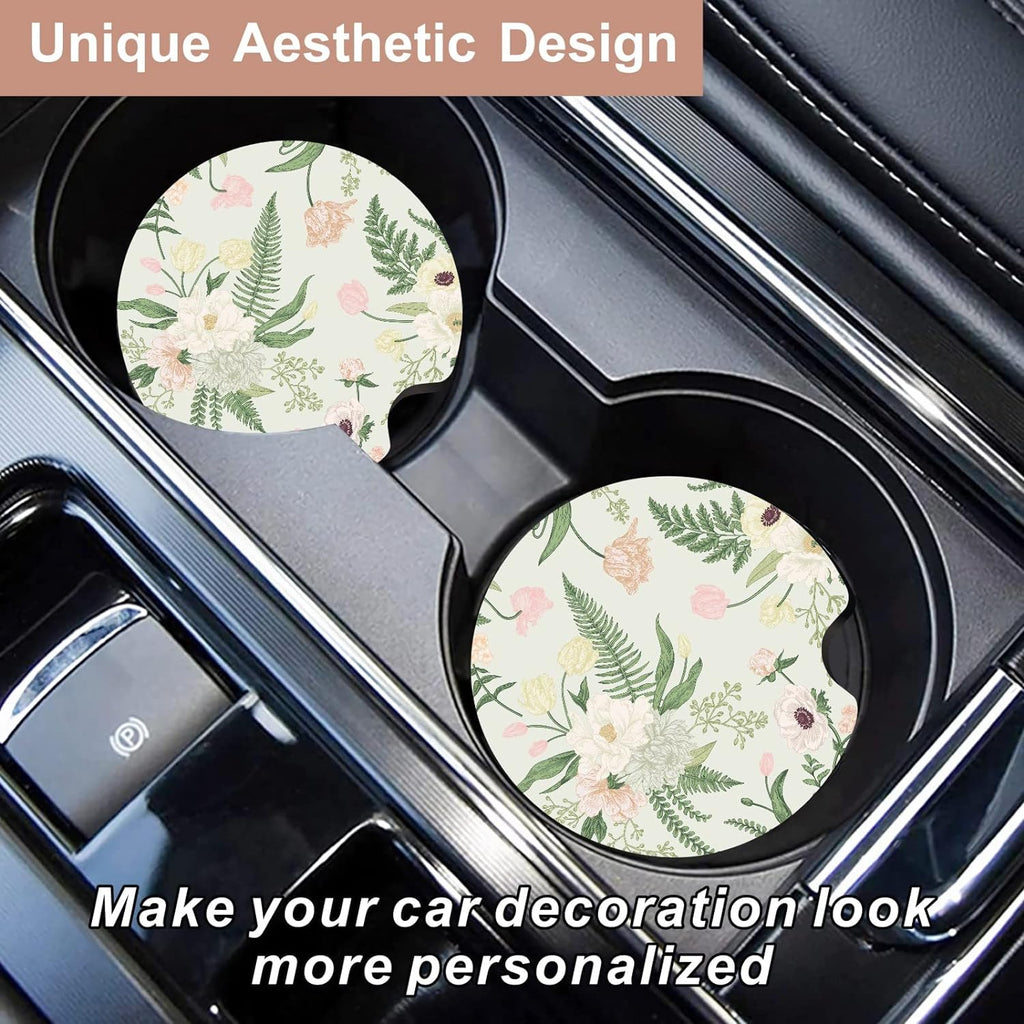 Oppsviust Car Cup Holder Coaster, Car Coasters for Cup Holders, 2PCS Universal Anti Slip Car Assecories, 2.75 inch Cute Car Coasters with A Finger Notch, Rubber Car Cup Mat for Women Wen(White Peony)