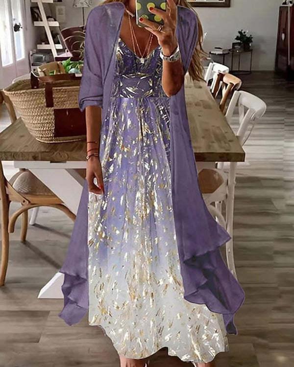 fake two-piece half-sleeve printed sequined pleated casual  dress