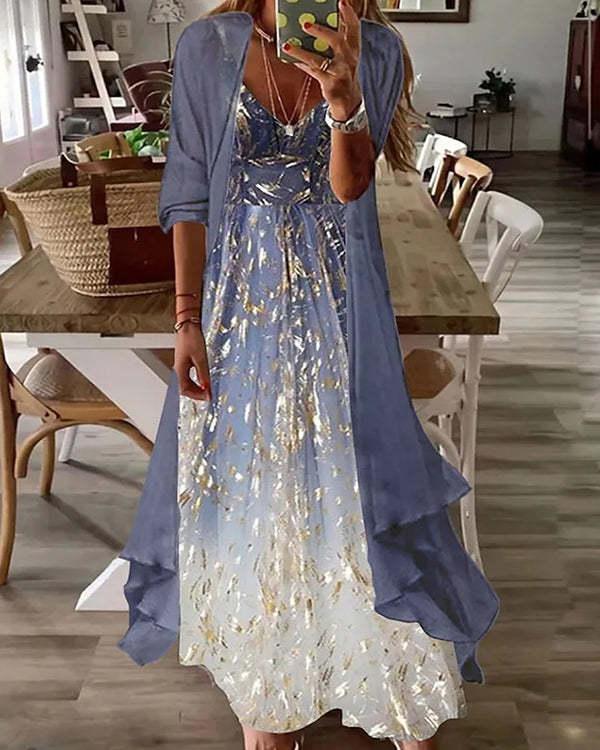 fake two-piece half-sleeve printed sequined pleated casual  dress