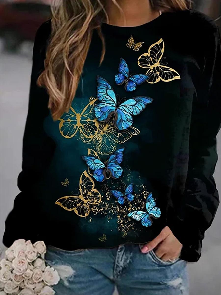 Round Neck Butterfly Print Autumn And Winter Casual Ladies T-Shirt