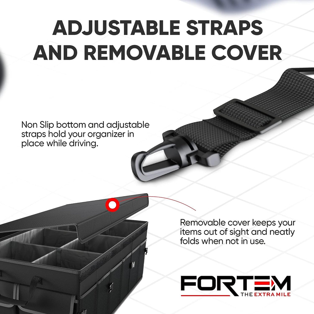 FORTEM Car Trunk Organizer, Car Storage Organizer, Collapsible Multi Compartment Car Organizer, SUV Trunk Organizer, Non Slip Bottom, Adjustable Securing Straps, Foldable Cover (Black, X-Large)
