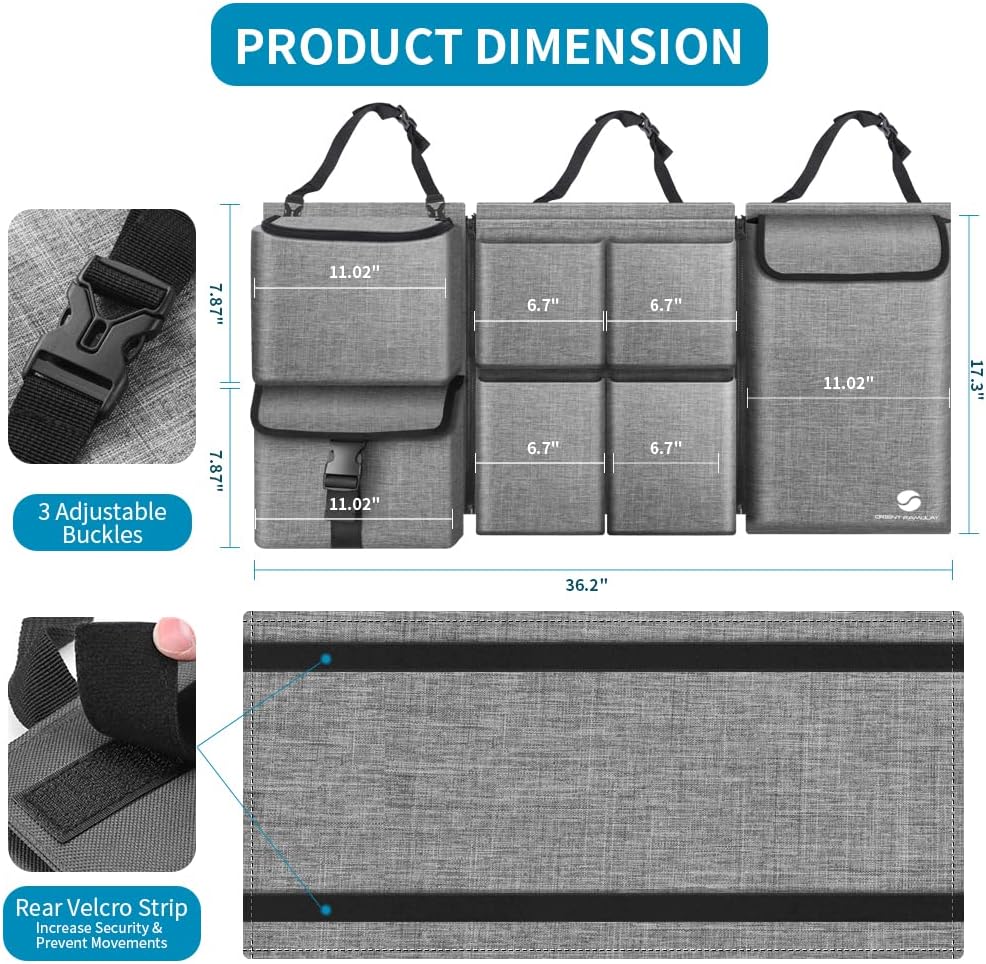 Car Trunk Organizer with Cooler, Hanging Car Organizers and Storage with Large Pockets, Zippers Detachable Seat Back Organizers Storage, Waterproof Car Storage Trunk Organizer for Jeeps, SUVs, Grey