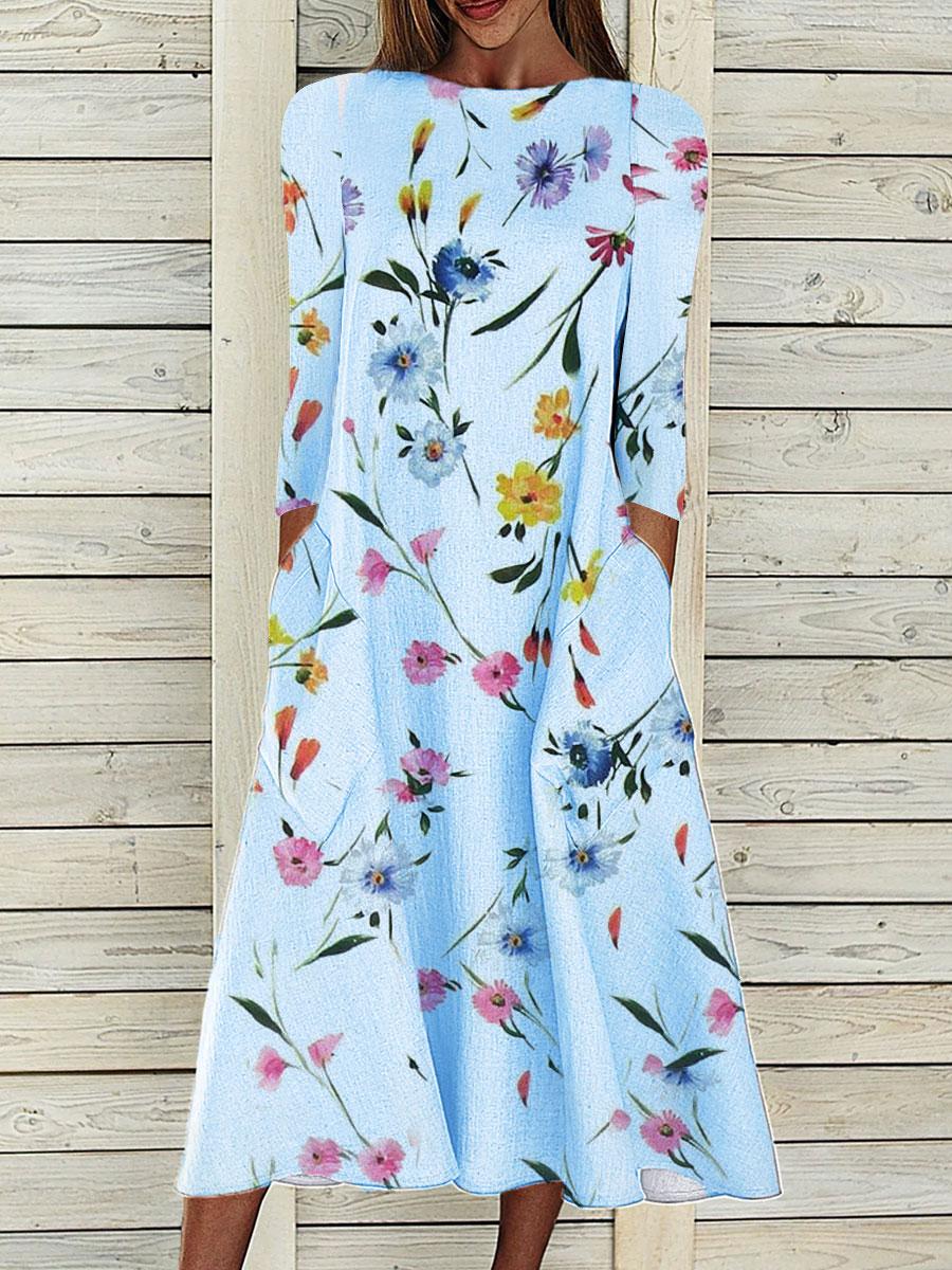Round Neck Casual Loose Floral Print Long Sleeve Midi Dress