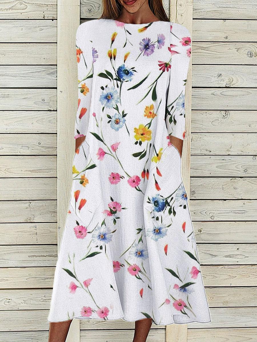 Round Neck Casual Loose Floral Print Long Sleeve Midi Dress