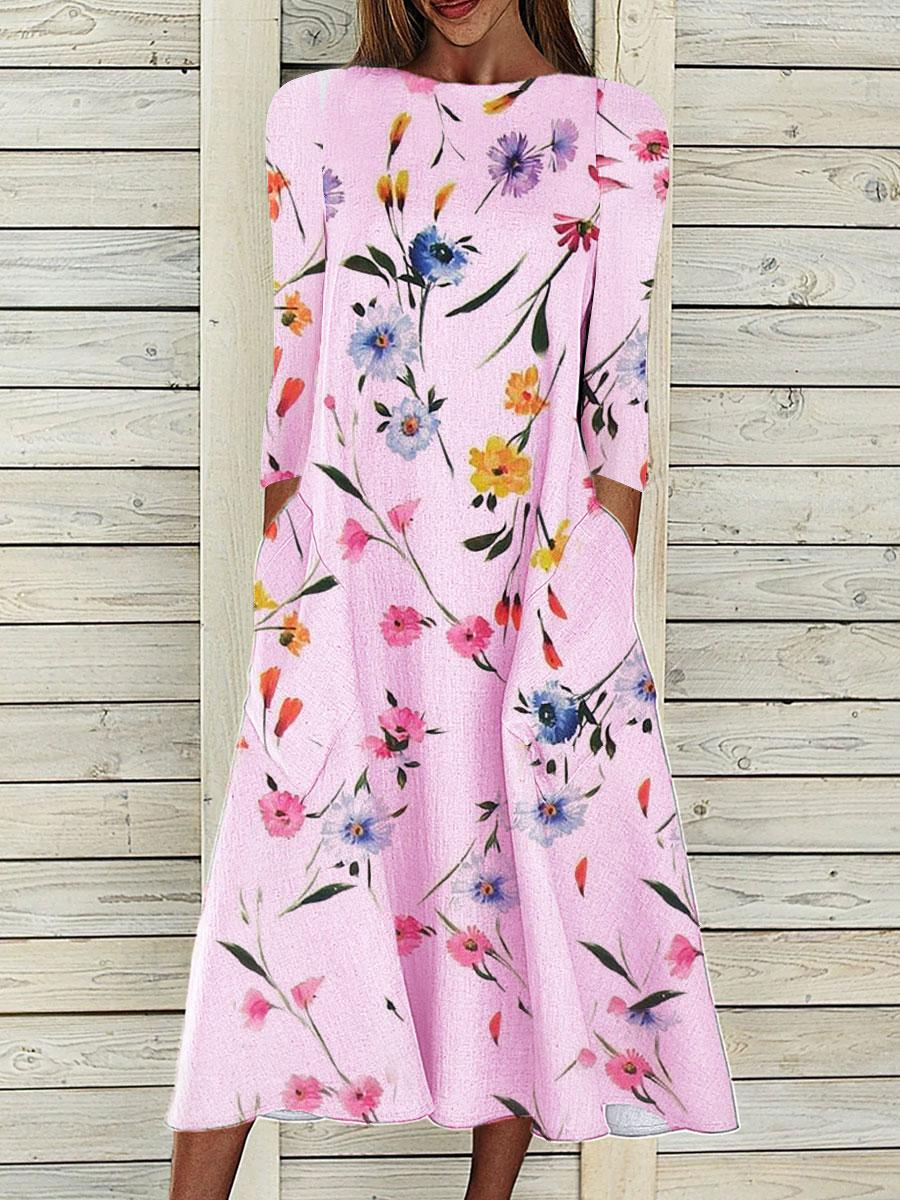 Round Neck Casual Loose Floral Print Long Sleeve Midi Dress