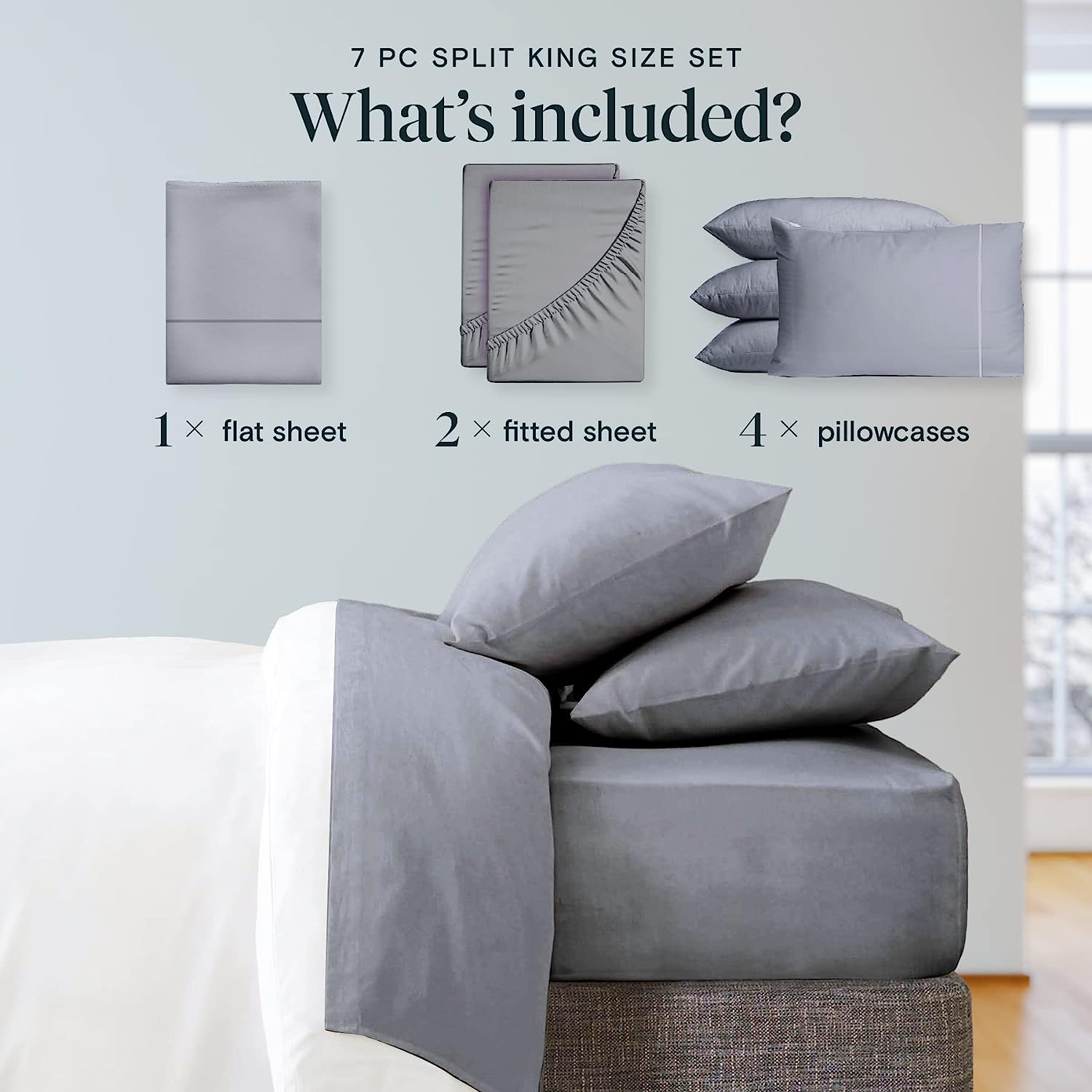 LuxClub 7 PC Split King Sheet Set Bamboo Sheets Deep Pockets 18" Eco Friendly Wrinkle Free Cooling Sheets Machine Washable Hotel Bedding Silky Soft - Light Grey Split King