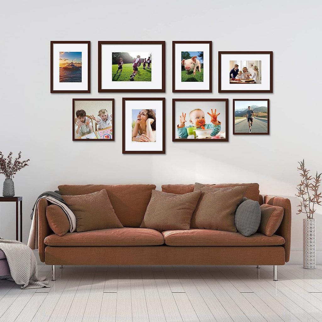 upsimples 12x16 Picture Frame Set of 5, Display Pictures 8.5x11 with Mat or 12x16 Without Mat, Wall Gallery Photo Frames, Brown