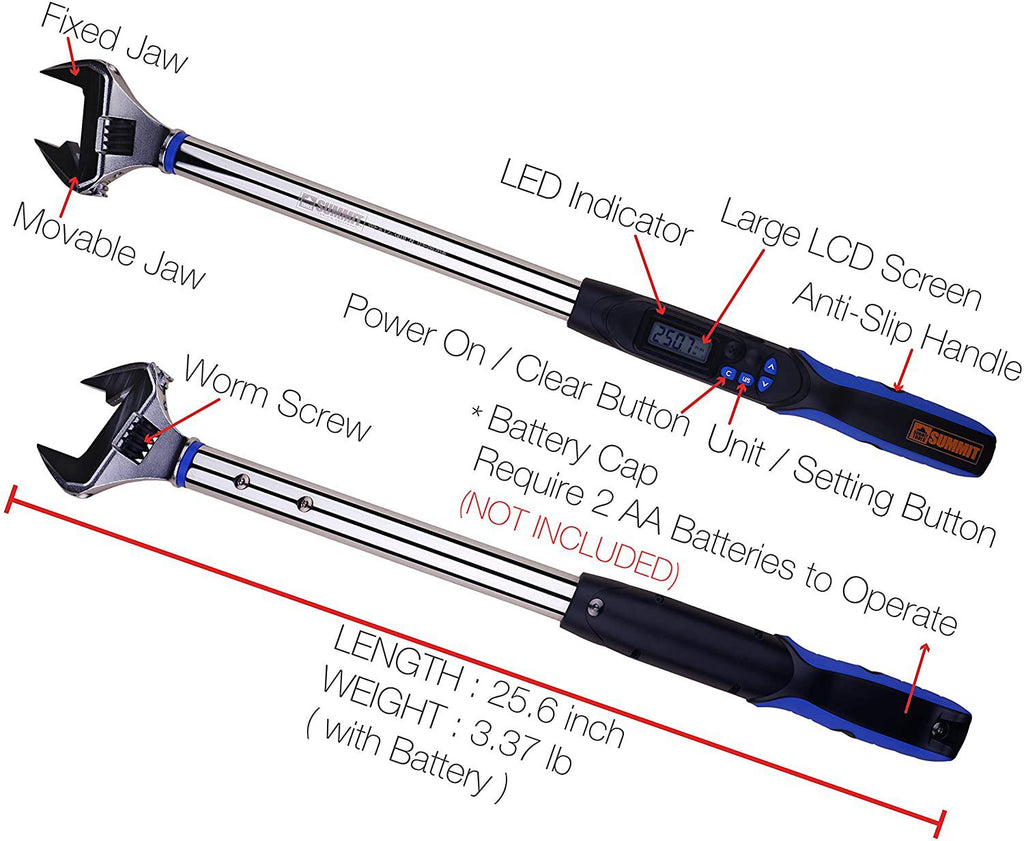 Summit Tools Adjustable Digital Torque Wrench, 12.5 to 250.7 ft-lb. Torque Range, 10-41 mm Adjustable Jaw, Set Target Torque, Buzzer and LED Indicator, LarLCD Display, Calibrated (WEA12-340CN)