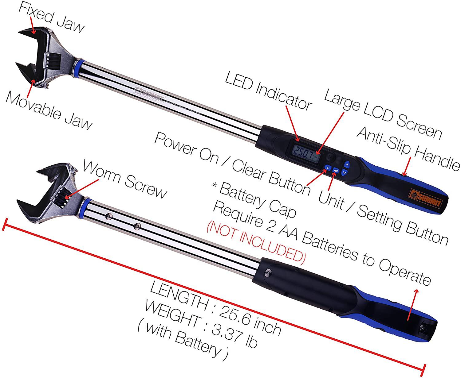 Summit Tools Adjustable Digital Torque Wrench, 12.5 to 250.7 ft-lb. Torque Range, 10-41 mm Adjustable Jaw, Set Target Torque, Buzzer and LED Indicator, LarLCD Display, Calibrated (WEA12-340CN)