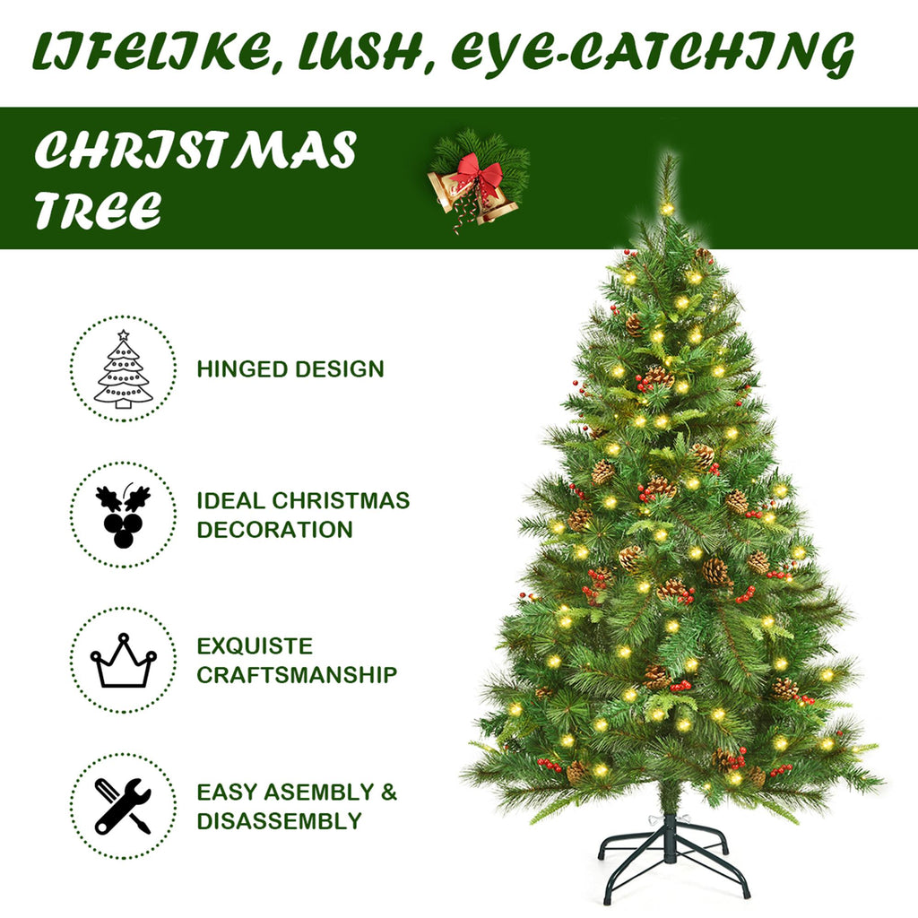 Gymax 6 ft Pre-lit Hinged Christmas Tree Holiday Decor w/ LED Lights Metal Stand