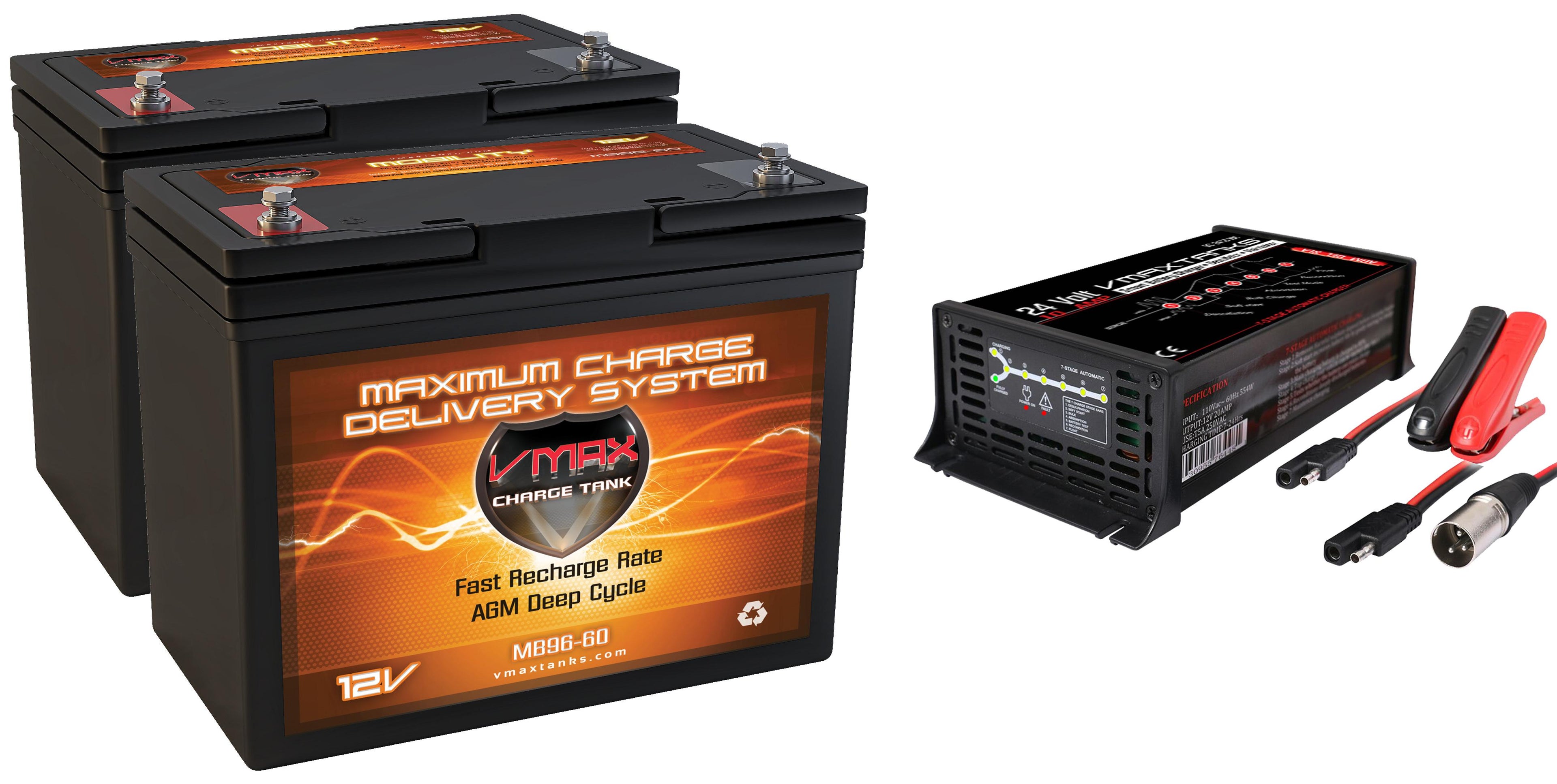 QTY 2 MB96-60 + BC2410XMA 24V 10A Smart Charger Group 22NF AGM 12V 60ah Battery replacements for Fortress Scientific 655