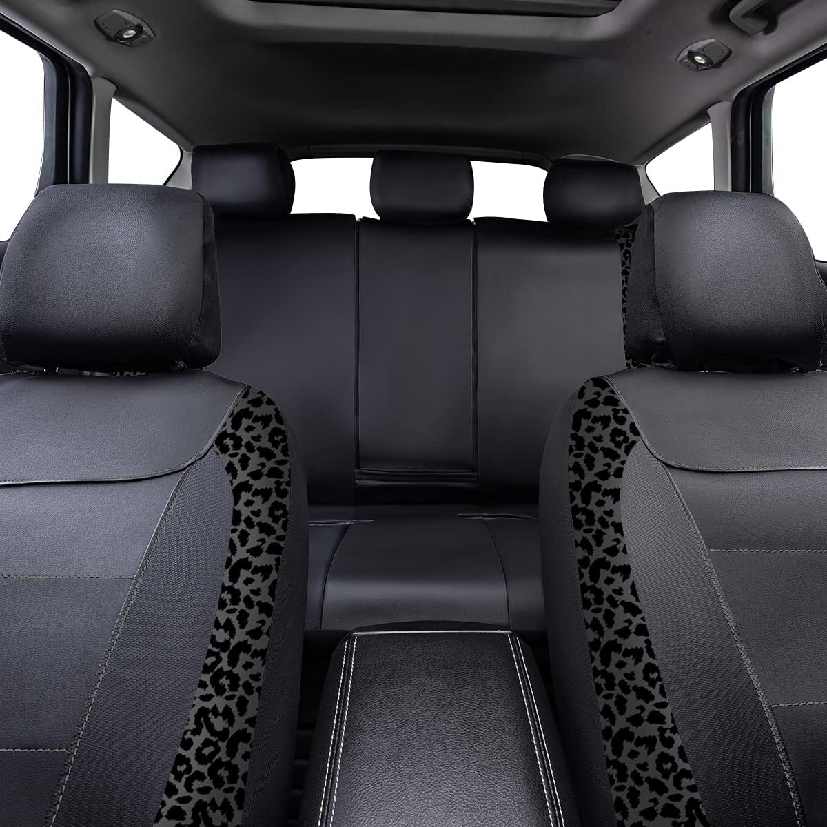 Flying Banner car seat Covers Protects Gray Leopard Printing Velvet Faux Leather Carbon Fiber Front and Rear Bench Full Set (Leopard Gray Black, Full Set - 8PCS)