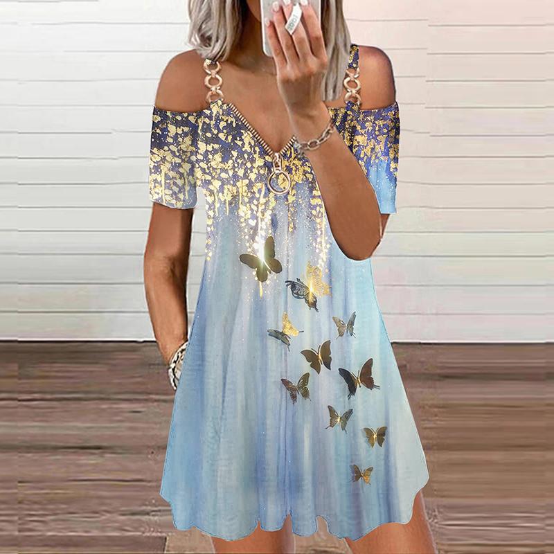 Fashion Sling V-neck Short Sleeve Butterfly Print Dress