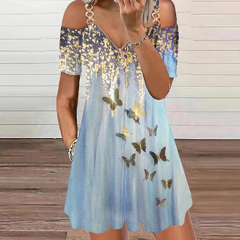 Fashion Sling V-neck Short Sleeve Butterfly Print Dress
