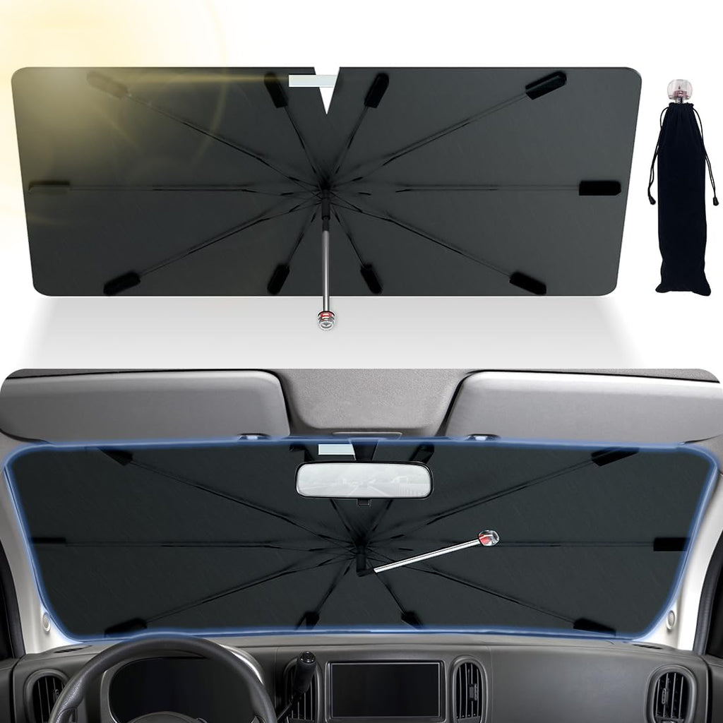 Windshield Sun Shade with 360° Rotating Shaft -Upgraded Car Sunshade with Window Breaker, Car Umbrella Sun Shade Cover for UV Protection