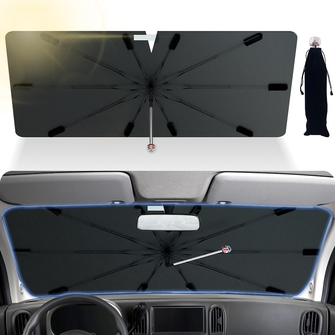Windshield Sun Shade with 360° Rotating Shaft -Upgraded Car Sunshade with Window Breaker, Car Umbrella Sun Shade Cover for UV Protection