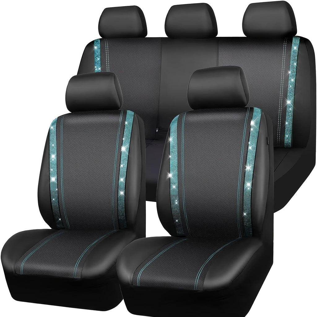 Bling Car Seat Covers Full Set, Shining Rhinestone Waterproof Leather Seat Covers For Women,Universal Fit 95% Automotive, Silver Artificial Diamond