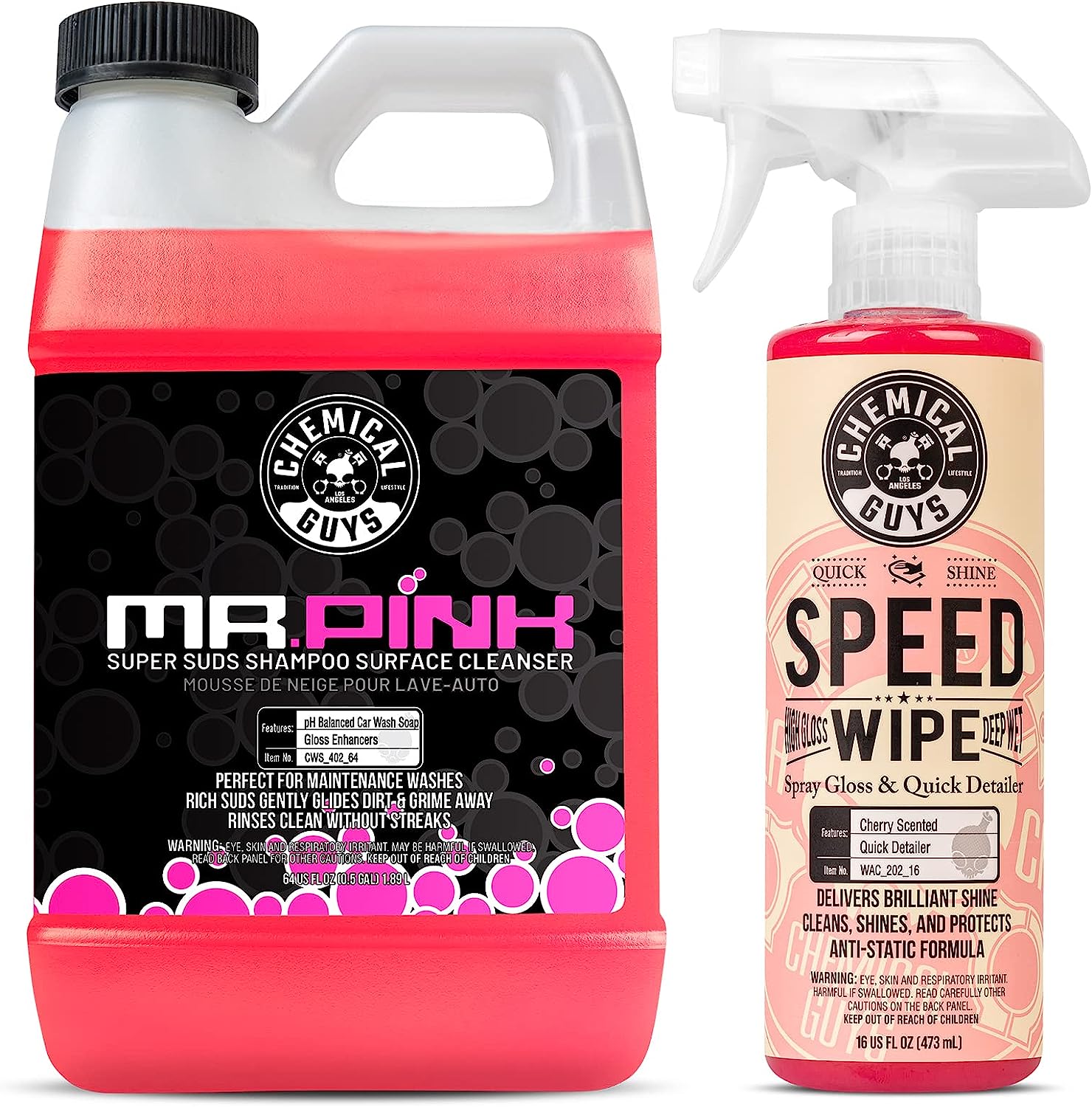 Chemical Guys CWS_402_64QDSW Car Wash &amp; Quick Detailer Bundle - Mr. Pink Foaming Car Wash Soap, 64 fl oz (Half Gallon) + Speed Wipe Sprayable Gloss &amp; Quick Detailer, 16 fl oz (2 Items)