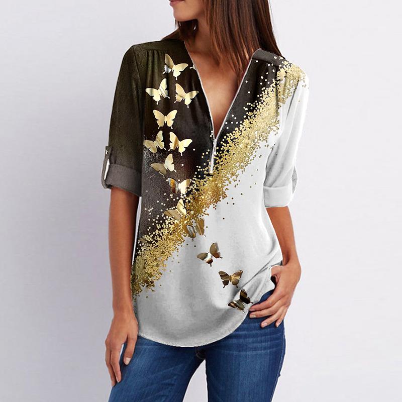 Fashion V-neck Long-sleeved Butterfly Print Shirt