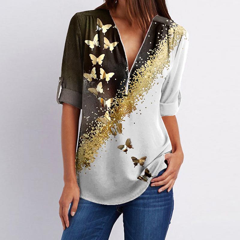 Fashion V-neck Long-sleeved Butterfly Print Shirt