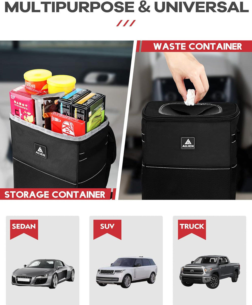 AUJEN Trash Can- Easy-to-Install Car Accessory Interior - Leak-Proof Organizer and Storage Bag for The Back/Front/Console of Any Cars,Sedans, SUVs &amp; Trucks