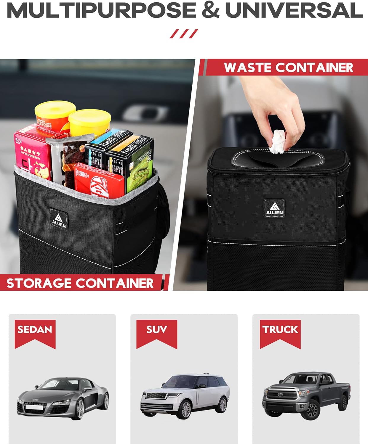 AUJEN Trash Can- Easy-to-Install Car Accessory Interior - Leak-Proof Organizer and Storage Bag for The Back/Front/Console of Any Cars,Sedans, SUVs &amp; Trucks