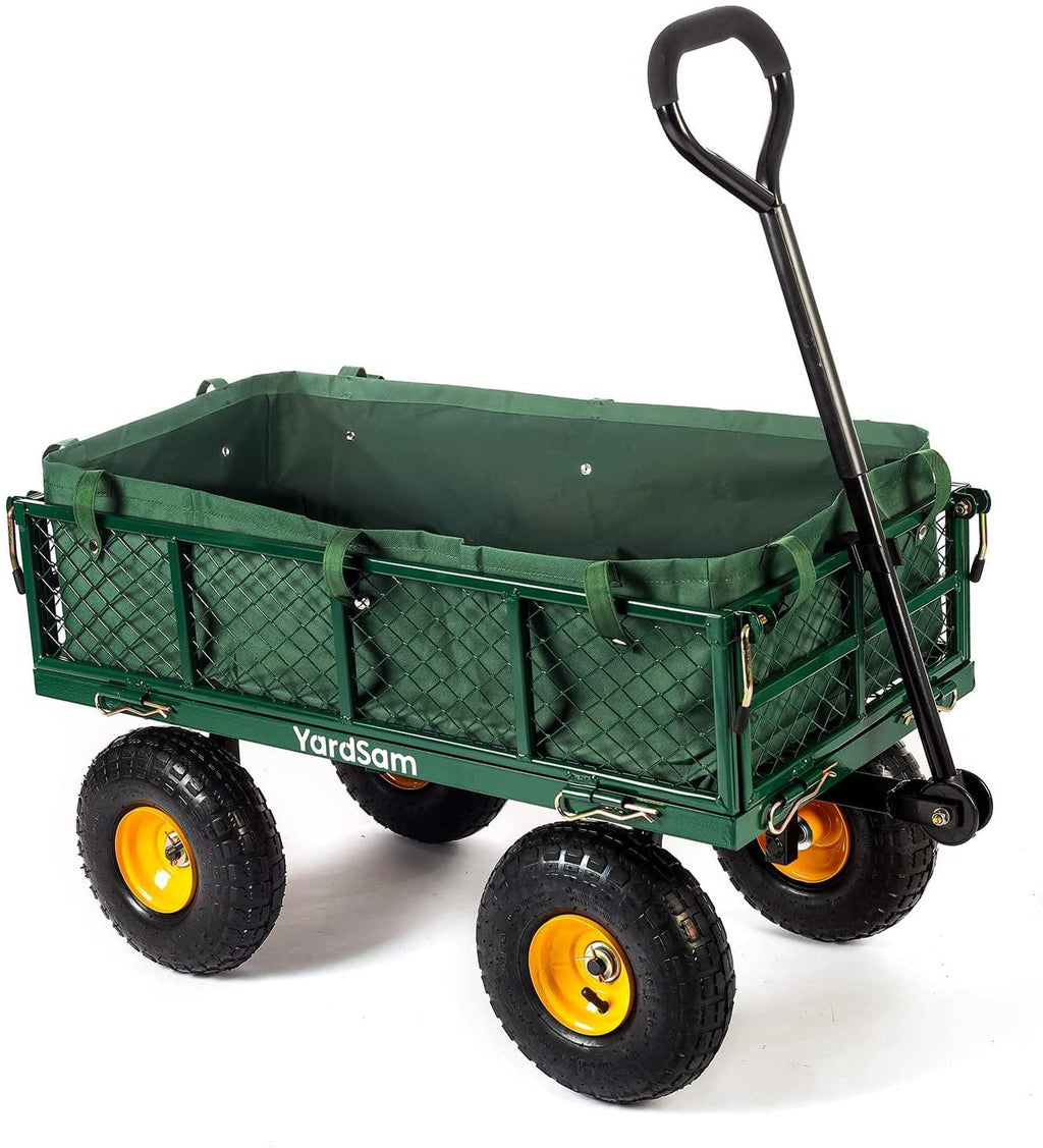 Yardsam Utility Steel Garden Carts and Wagons, Lawn Wagon Cart Heavy Duty, 400lb Weight Capacity, Removable Sides, Long Handle, 10 Inch Wheels and 600D Polyester with PVC Coated Liner (Green)