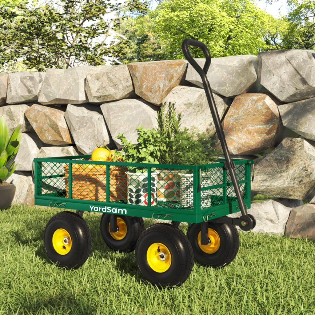 Yardsam Utility Steel Garden Carts and Wagons, Lawn Wagon Cart Heavy Duty, 400lb Weight Capacity, Removable Sides, Long Handle, 10 Inch Wheels and 600D Polyester with PVC Coated Liner (Green)