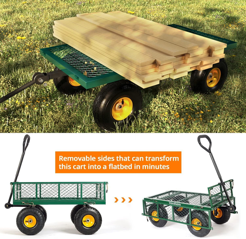 Yardsam Utility Steel Garden Carts and Wagons, Lawn Wagon Cart Heavy Duty, 400lb Weight Capacity, Removable Sides, Long Handle, 10 Inch Wheels and 600D Polyester with PVC Coated Liner (Green)