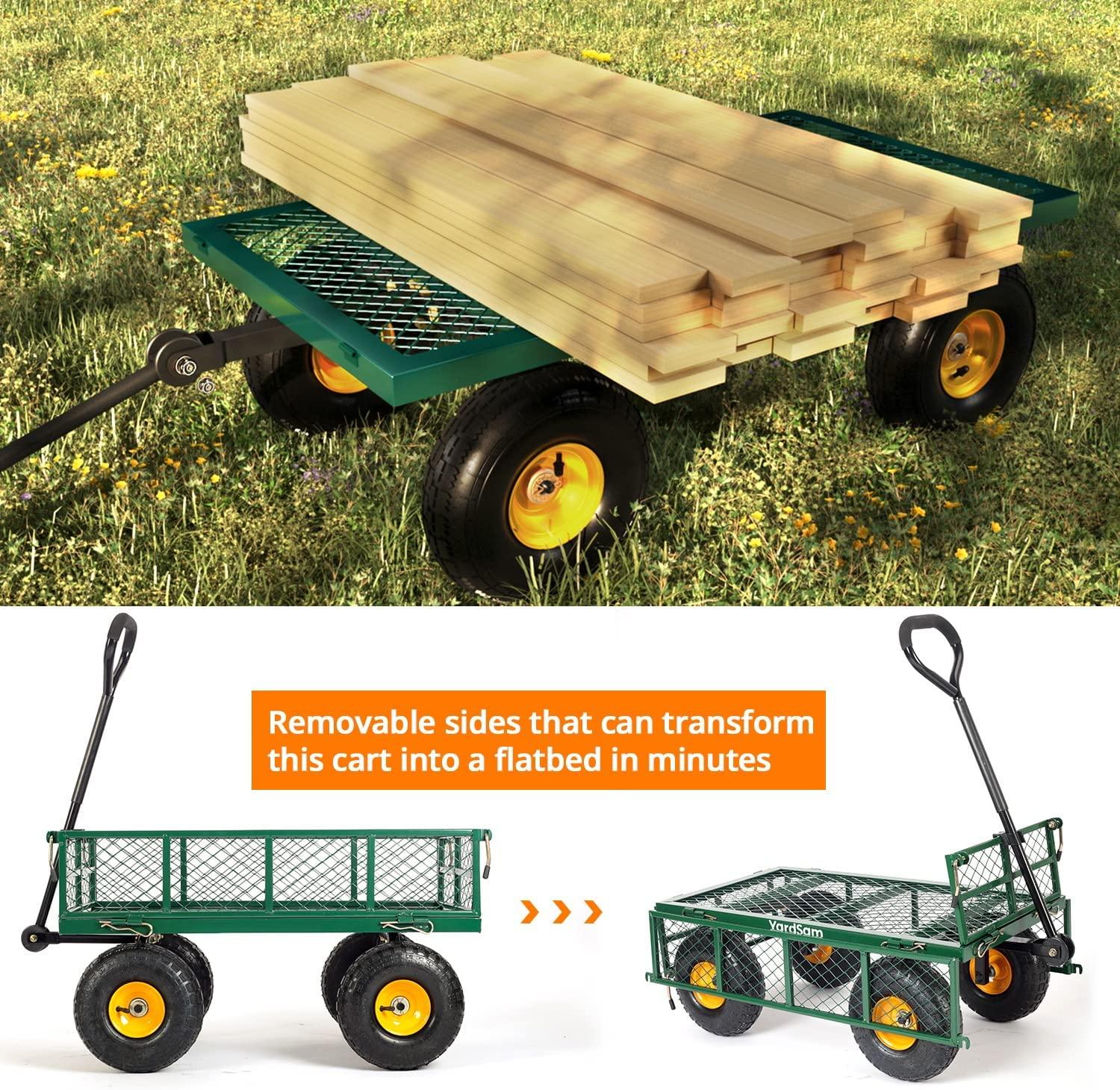Yardsam Utility Steel Garden Carts and Wagons, Lawn Wagon Cart Heavy Duty, 400lb Weight Capacity, Removable Sides, Long Handle, 10 Inch Wheels and 600D Polyester with PVC Coated Liner (Green)