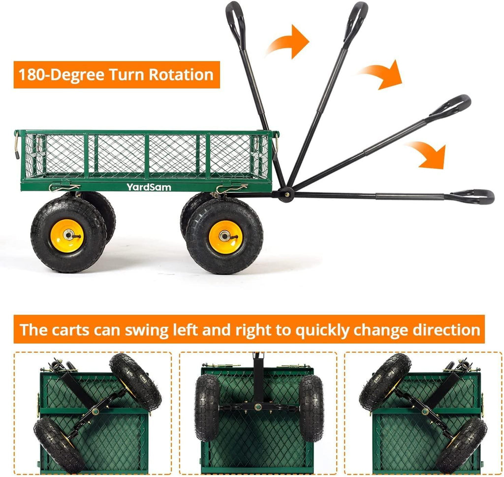 Yardsam Utility Steel Garden Carts and Wagons, Lawn Wagon Cart Heavy Duty, 400lb Weight Capacity, Removable Sides, Long Handle, 10 Inch Wheels and 600D Polyester with PVC Coated Liner (Green)