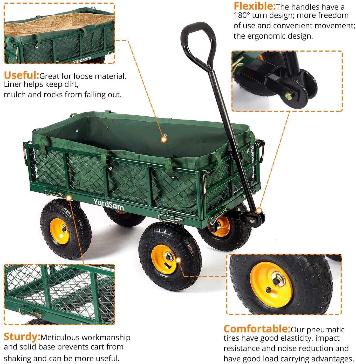 Yardsam Utility Steel Garden Carts and Wagons, Lawn Wagon Cart Heavy Duty, 400lb Weight Capacity, Removable Sides, Long Handle, 10 Inch Wheels and 600D Polyester with PVC Coated Liner (Green)