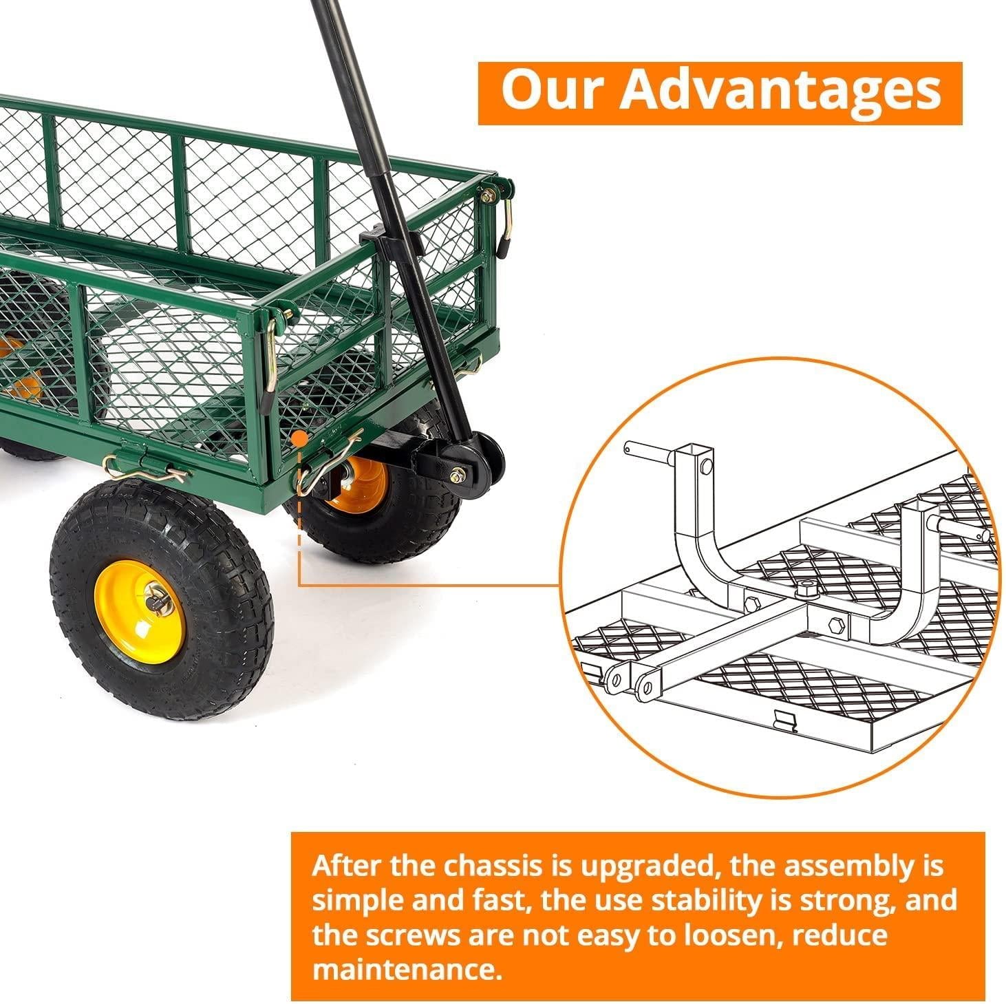 Yardsam Utility Steel Garden Carts and Wagons, Lawn Wagon Cart Heavy Duty, 400lb Weight Capacity, Removable Sides, Long Handle, 10 Inch Wheels and 600D Polyester with PVC Coated Liner (Green)