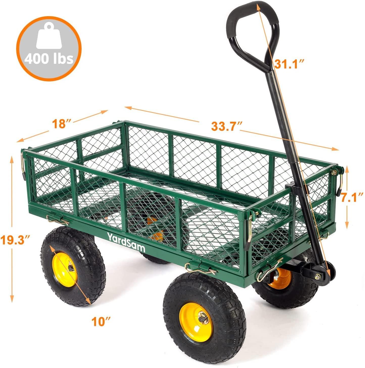 Yardsam Utility Steel Garden Carts and Wagons, Lawn Wagon Cart Heavy Duty, 400lb Weight Capacity, Removable Sides, Long Handle, 10 Inch Wheels and 600D Polyester with PVC Coated Liner (Green)
