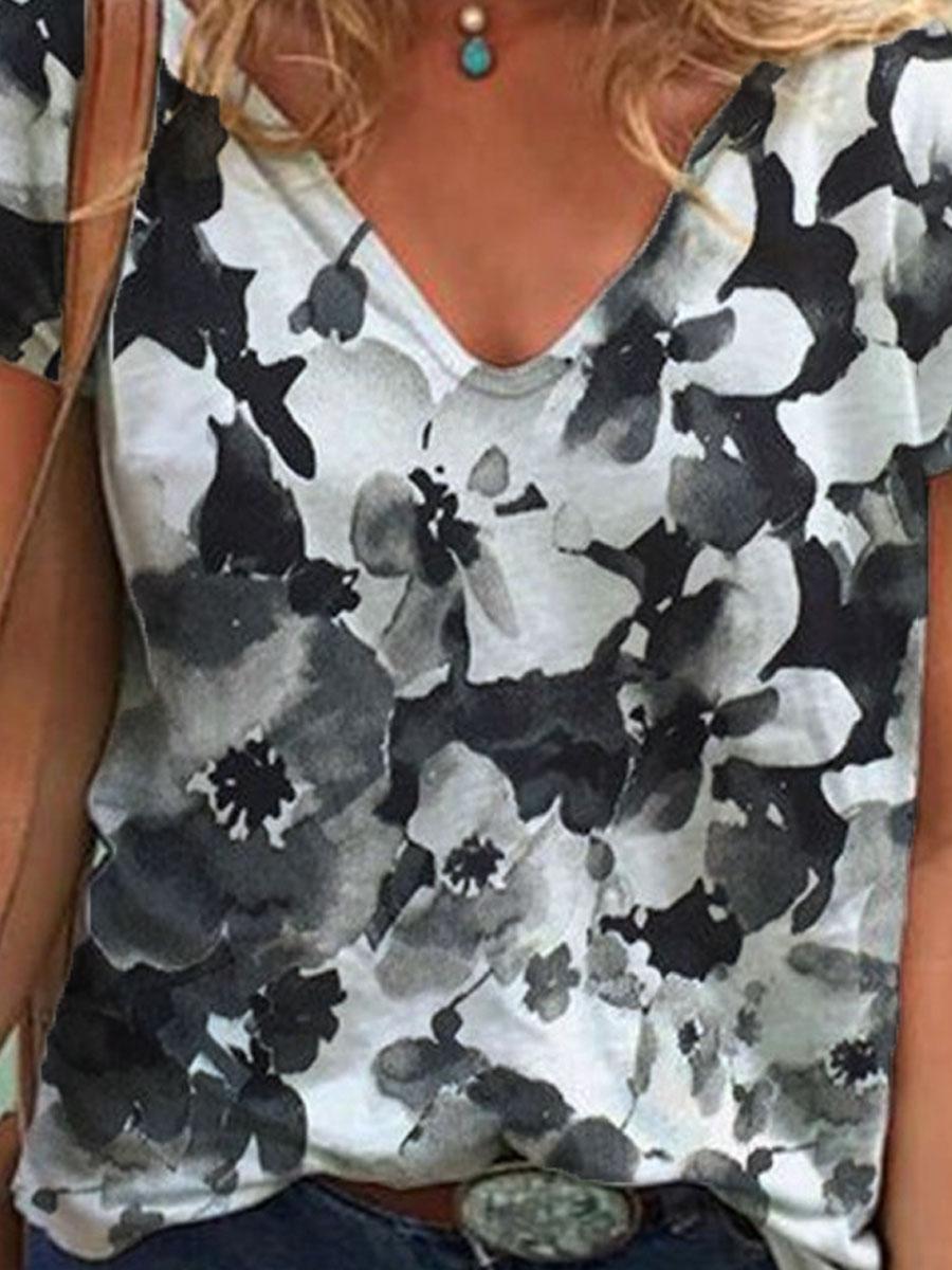 V-neck Ink And Floral Print Loose Short-sleeved T-shirt