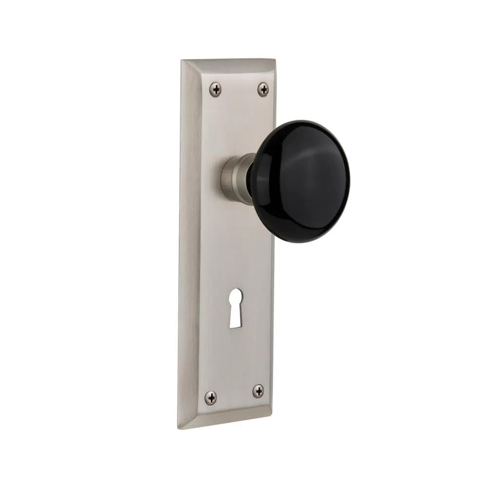 York Plate Interior Mortise Black Porcelain Door Knob in Satin Nickel