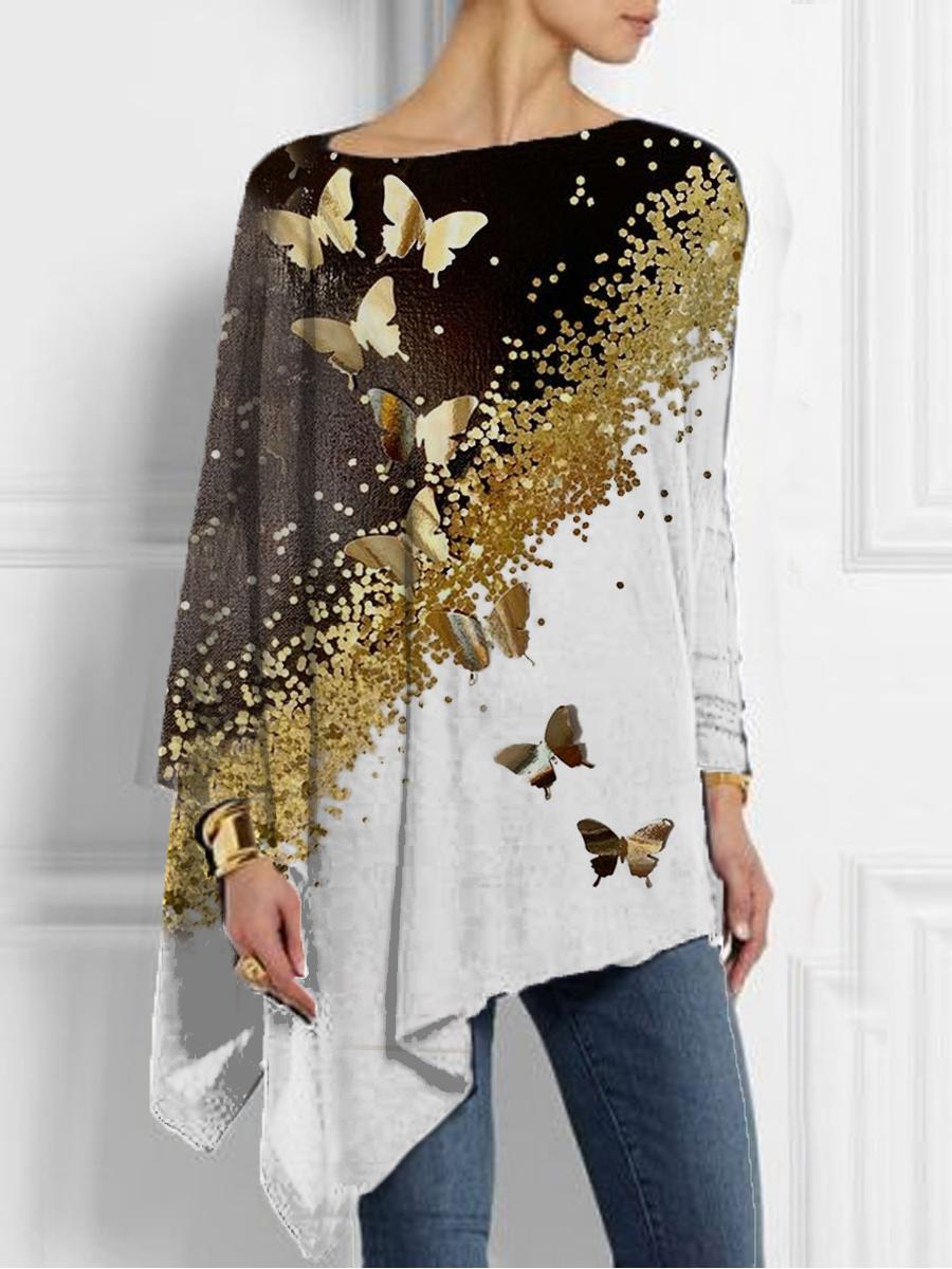 Fashion Golden Butterfly Print Asymmetry Top Women