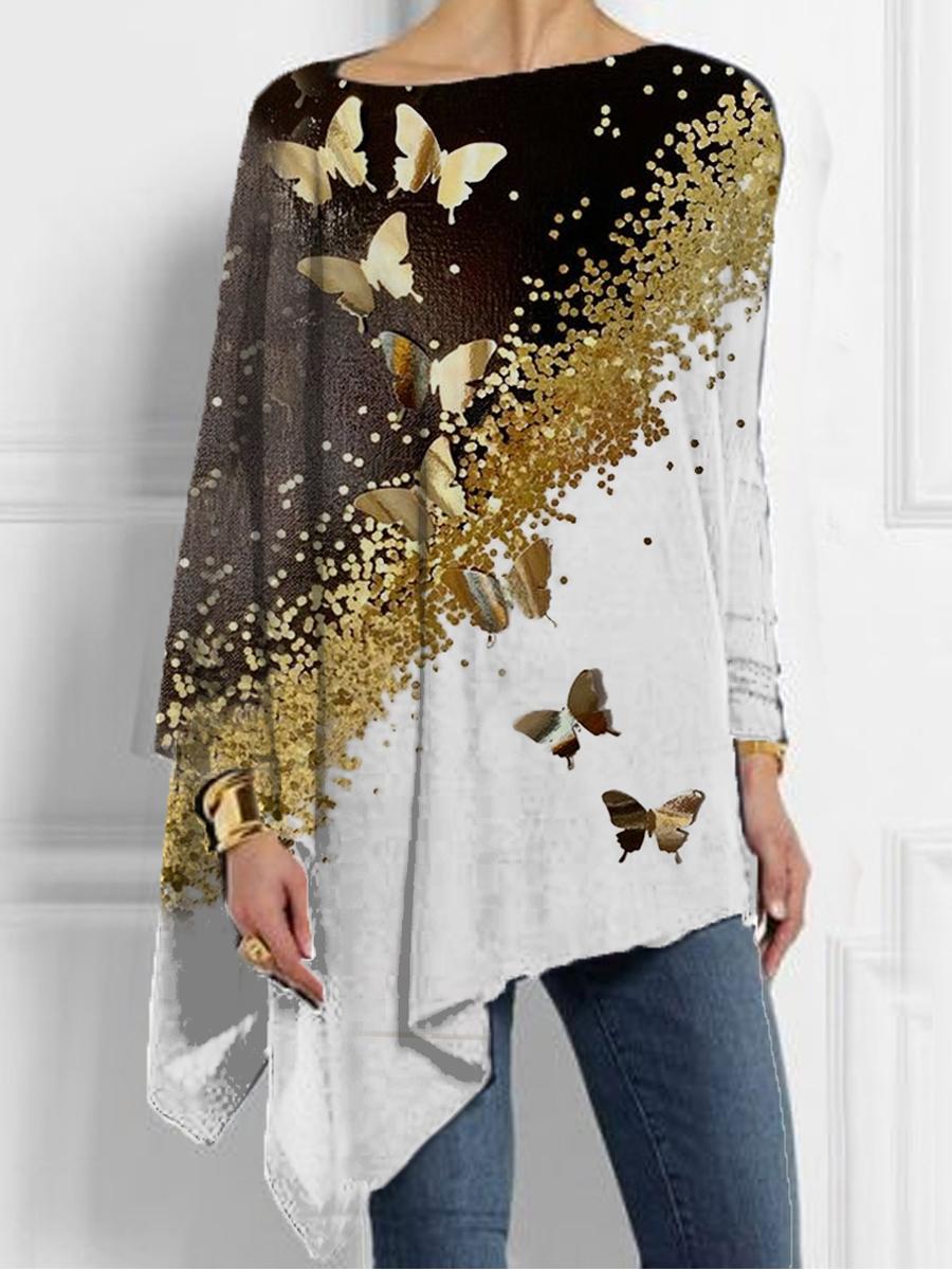 Fashion Golden Butterfly Print Asymmetry Top Women