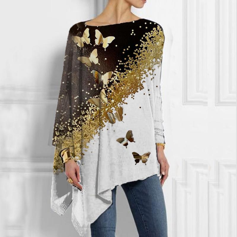 Fashion Golden Butterfly Print Asymmetry Top Women