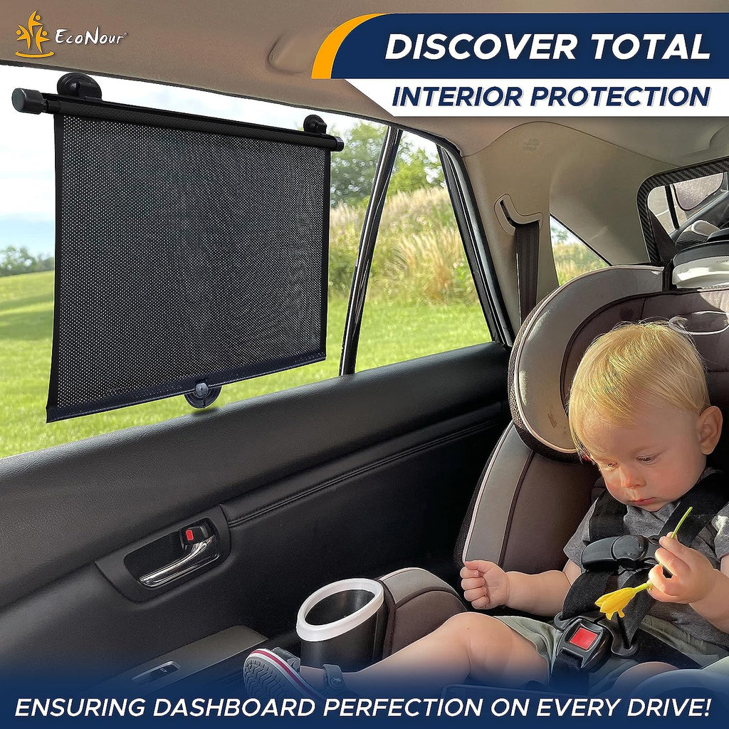 EcoNour Car Side Window Sun Shade (2 Pack) | Retractable Car Roller Sunshade for Kids | Baby Car Window Shades for UV and Sun Glare Protection | Baby Car Travel Accessories (15"x17")