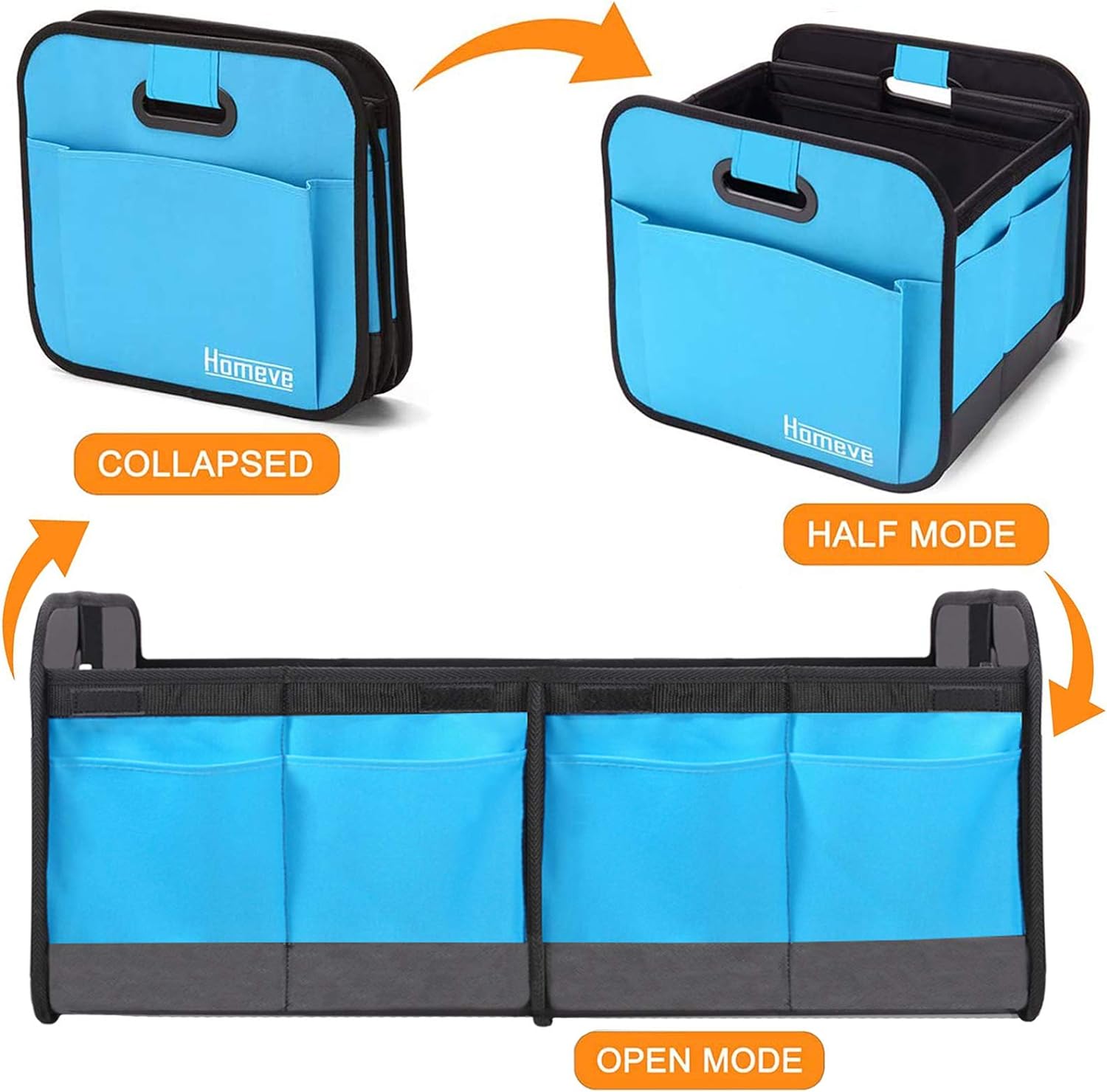 Homeve Trunk Organizer for Car, Car Storage, Reinforced Handles, Collapsible Multi-Compartment Car Organizers Foldable and Waterproof, 600D Oxford Polyester, Suitable for Any Car, SUV, Mini-Van, Blue