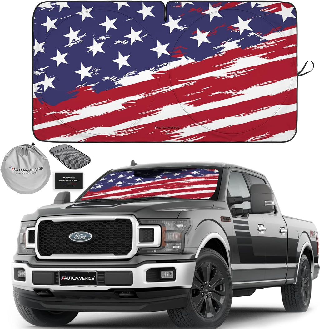 Autoamerics 1-Piece Windshield Sun Shade USA Art Flag - 2 American  - Foldable Car Front Window Sunshade for Most Sedans SUV Truck - Blocks Max UV Rays and Keeps Your Vehicle Cool - X-Large