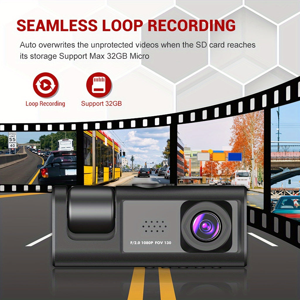 3 Channel Dash Cam Front And Rear Inside,1080P Dash Cam IR Night Vision, Loop Recording Car DVR Camera 3 Lens  With 2 Inch IPS Screen 3 Cameras Car Dashcam,car Black Box Recording At Same Time,Wide Angle Dashboard Camera Recorder