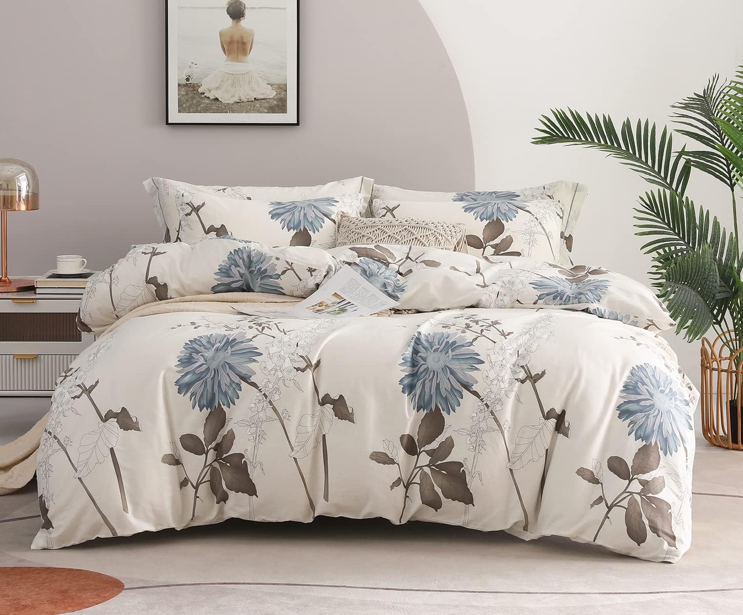 SLEEPBELLA Duvet Cover Queen Size, 600 Thread Count Cotton Botanical Flowers Pattern Printed Reversible Comforter Cover