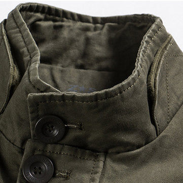 stand collar pockets cotton waist drawstring military solid color jacket for men