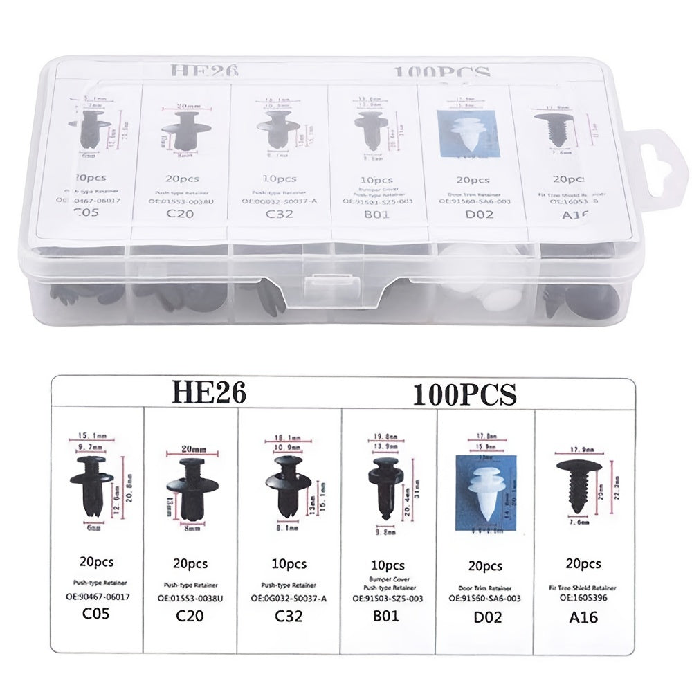 100pcs 6 Sizes Auto Parts Set, Auto Fastener Clip Mixed Car Body Push Retainer Pin Rivet ,Bumper Door Trim Panel Retainer Fastener Kit