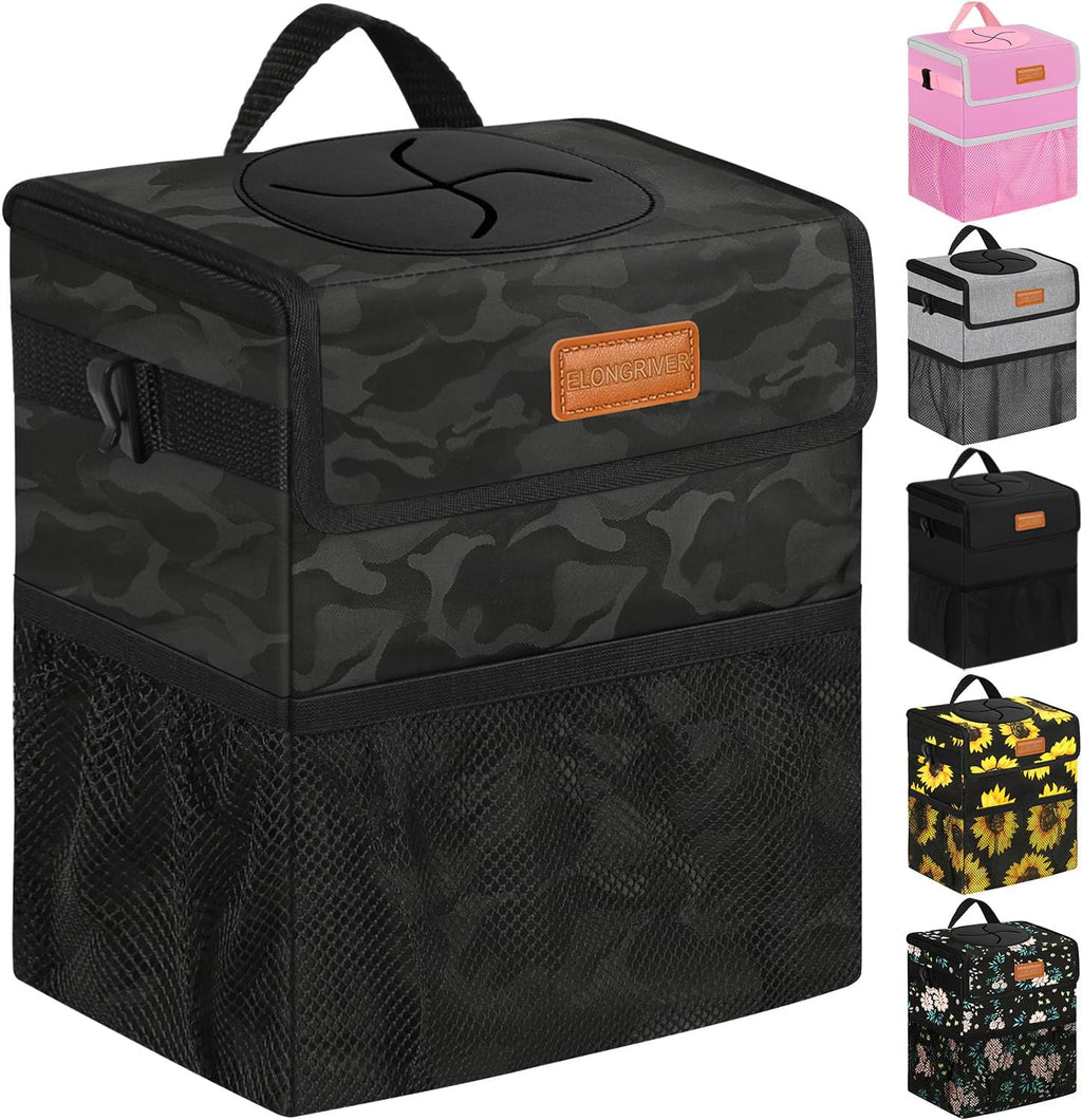 ELONGRIVER Car Trash Can Bin for Car Back Seat Leak Proof, Cute Car Trash Bag Hanging, Vehicle Trash Can for SUV Truck Van, Automotive Car Garbage Cans Front Seat Camo Black