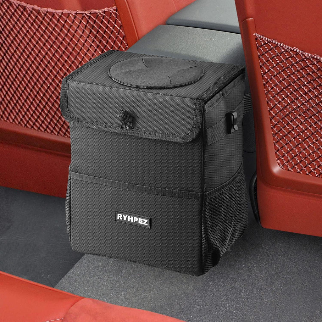 Ryhpez Car Trash Can with Lid - Car Trash Bag Hanging with Storage Pockets, Leakproof Collapsible Garbage Can with Solid Structure Support (Upgraded Version)