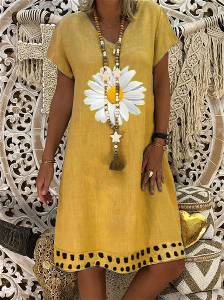 V-neck fashion sun flower casual dress