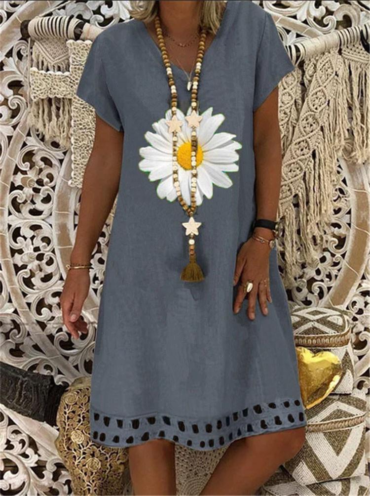 V-neck fashion sun flower casual dress